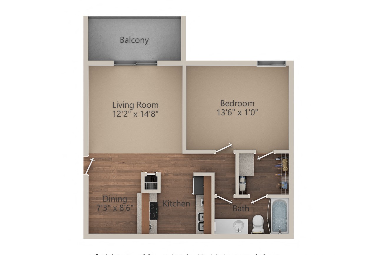 Floor plan for 1 bed, 1 bath, 700 sqft